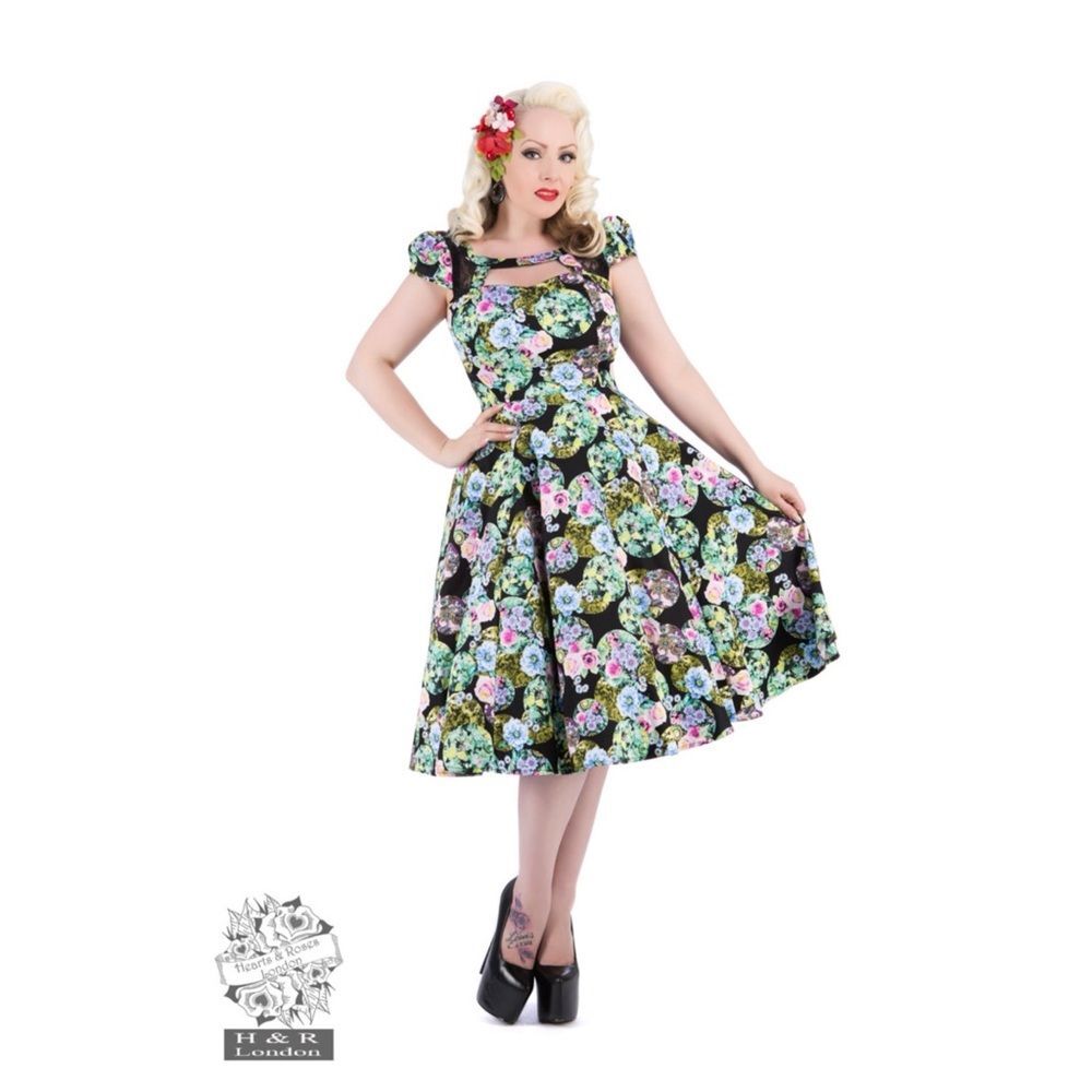 Hearts & Roses London Dress Rockabilly Pin-Up Black Marble with Flowers Size 6